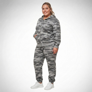 Ensemble survêtement femme grande taille imprimé camouflage avec sweat à capuche zippé et pantalon de jogging en molleton bouclette - Product Image 4