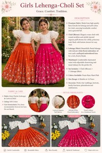 Conjunto de Lehenga Choli de Bollywood para Niñas al por Mayor: Top Corto Blanco con Volantes y Falda de Seda Naranja y Rosa con Estampado Floral Intenso para Fiesta - Product Image 6