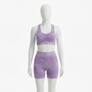 Women Lavender Purple Acid Wash Yoga Set Racerback Sports Bra High Waist Biker <b>Shorts</b> <b>Gym</b> Fitness Activewear - Product Image 1