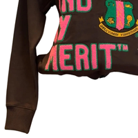   Sorority Inc By Culture By Merit Sweat-shirt en chenille noir pour femme, haut à col rond brodé de lettres grecques, de qualité supérieure