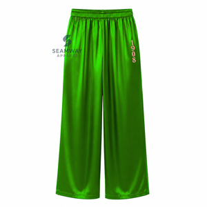 Alpha | Kapa | Alpha Women's Satin Pajama Set Long Sleeve Button-Up Embroidered Two Piece Sleepwear <b>Green</b> With Pink Trim - Product Image 4