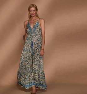 Vestido largo bohemio sin mangas con cuello en V y espalda descubierta para mujer, vestido largo de verano para la playa con dobladillo con volantes, varios colores - Product Image 1