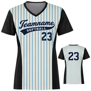 Camiseta de Softbol Sublimada con Tinte Completo, Color Crema con Rayas Azules, Cuello en V, Mangas Negras, Uniforme de Equipo Personalizado con Número en la Espalda - Product Image 1