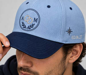 Custom <b>Wedding</b> Five Panel Cap Light Blue Crown Navy Visor Embroidered Couple Initials Rings Date Premium Cotton Twill Headwear - Product Image 5