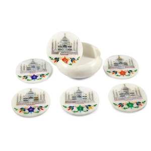 High on Demand Taj Mahal Marble Inlay <b>Coaster</b> <b>Set</b> With Big Slab Waterproof Design and Durable Finish For Home Coffee Table - Product Image 2