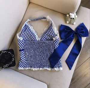 Women's Casual Seamless Halter Neck <b>Built</b>-<b>In</b> <b>Bra</b> Crop Top Lace Trim Gingham Pattern Soft Cotton-Spandex Blend Eco-Friendly - Product Image 3