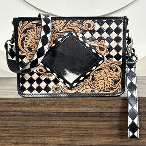 Conjunto de Bolso Bandolera Cruzado de Cuero Genuino con Diseño a Cuadros y Bolso de Mano con Correa de Muñeca, Elegante Conjunto de Dos Piezas para Mujer - Product Image 4