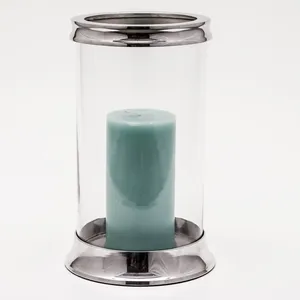 Stainless Steel <b>Hurricane</b> Candleholder with Glass Cylinder and Teal <b>Candle</b> for Home Decoration - Product Image 1