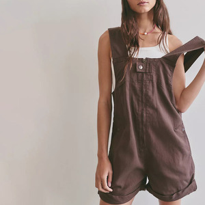 Women's Solid Color Denim Overalls Mid Waist Button Front Casual Summer Shorts Jumpsuit Regular Fit 100% Cotton - Product Image 1
