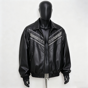 Custom <b>Men's</b> Blue Genuine Leather Distressed Regular <b>Jacket</b> Embossed <b>Checkered</b> Patchwork Design Stand Collar Zipper Closure - Product Image 3