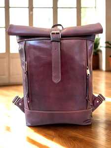 Fashion Genuine Leather <b>Roll</b> Top <b>Backpack</b> Luxury Brown Cowhide Leather Daypack Waterproof Travel Rucksack LRTB-0115 - Product Image 3