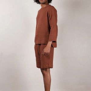 Ensemble chemise et short en tricot uni pour homme, couleur rouille, décontracté, pour l'été - Product Image 3