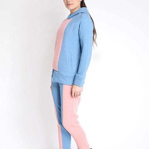 Women Color Blocking Hooded <b>Sweatshirt</b> Set Full Sleeve Casual Tracksuit <b>Pink</b> Blue Spandex Cotton Breathable Spring Wear - Product Image 3