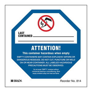 Brady Durable <b>Waterproof</b> Hazardous When Empty <b>Labels</b> 4x4 Inch for Chemical Containers - Product Image 1