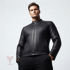 Chaqueta de Cuero Negra para Hombre VANEK, Estilo Motero, Cuello Alto, Cierre de Cremallera, Corte Ajustado, Resistente al Viento para Invierno - Product Image 1