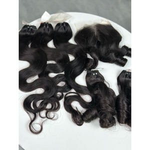 Extensions de cheveux naturels noirs ondulés en trame plate avec closure en dentelle 4x4, double épaisseur, cheveux humains vierges vietnamiens 100g - Product Image 1