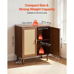 Mobiletto in Rattan con 2 Ante Magnetiche e Ripiani Regolabili, Gambe in Legno, Credenza e Vetrina per Porcellana - Product Image 3