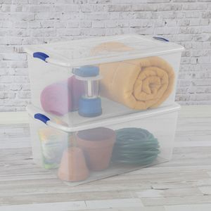 Lot de 2 bacs de rangement en plastique transparent de 105 litres avec loquet bleu et couvercle transparent - Product Image 2