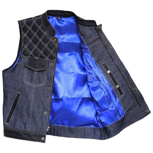 Men's Denim Moto Biker Vest Stand Collar <b>Quilted</b> Panel Pockets Breathable Autumn Outer Wear Regular Fit - Product Image 5