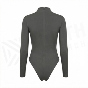KOKI MYRICK Combinaison de bain une pièce pour femme, grise, à manches longues, col montant, avec soutien-gorge push-up, fermeture éclair frontale et bas string, couleur unie - Product Image 2