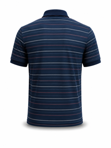 Chemise tricotée rayée pour homme de haute qualité, ODM, manches courtes, décontractée, bleu foncé avec des lignes blanches et rouges, coupe classique, logo personnalisé - Product Image 3