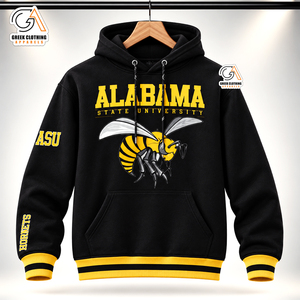 เสื้อฮู้ดสีดำ Alabama State University Hornets สำหรับผู้ชาย ผ้าฟลีซลำลอง พิมพ์ลายโลโก้ผึ้งสีเหลืองด้านหน้า ทรงปกติ ใส่ได้ในฤดูใบไม้ร่วง - Product Image 1