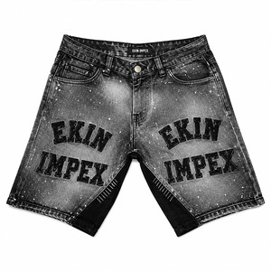 Custom Men's Black Acid Wash Straight Mid Waist Denim Jorts <b>Embroidered</b> Patch Streetwear Summer <b>Jeans</b> Shorts OEM - Product Image 1