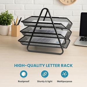 Organizadores de revistas metálicos Craft India Overseas, bandeja de malla de 3 niveles para archivos, soporte para documentos, estante de almacenamiento para oficina, color negro - Product Image 6