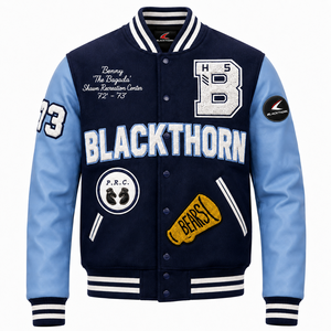 Blouson universitaire pour homme en laine avec logo brodé et motif dessin animé sur le devant, col à revers, pour l'hiver, vente en gros OEM - Product Image 2