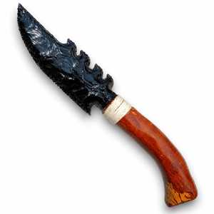 Daga de Obsidiana Negra Hecha a Mano con Mango de Madera, Punta de Flecha de Cristal Natural, Escultura Coleccionable, Hoja Grabada, Arte Folclórico Indio - Product Image 1