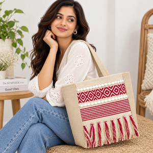 Sac fourre-tout en toile bohème avec couleur unie et franges, style plage, fermeture à glissière, 17x14 pouces, provenant du Rajasthan - Product Image 2