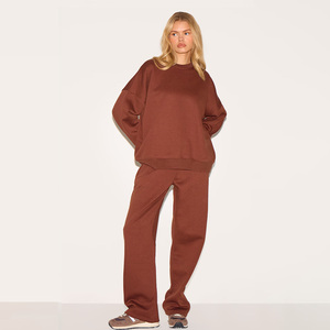 Women's <b>Brown</b> Cotton Tracksuit Set Crew Neck Sweatshirt Wide Leg Pants Casual Loose Fit Autumn Wear Solid Color Full Length - Product Image 1