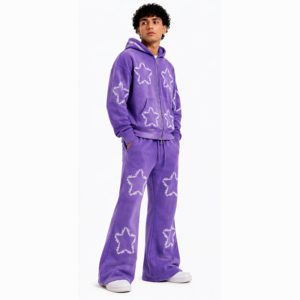 Ensemble sweat à capuche et pantalon de survêtement évasé en molleton épais personnalisé pour homme, avec impression sérigraphiée en relief de haute qualité, style vintage premium Crystal Suit - Product Image 1