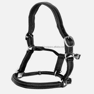 Cabestro de caballo de cuero inglés negro de lujo con costuras blancas y relleno blando de vaca hardware ajustable de latón de níquel resistente - Product Image 1