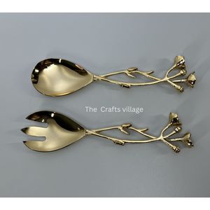 Elegant Metal Salad Serving <b>Spoon</b> and Fork Set Gold Finish Floral Branch Handle Kitchen Dining <b>Table</b> Accessories - Product Image 1