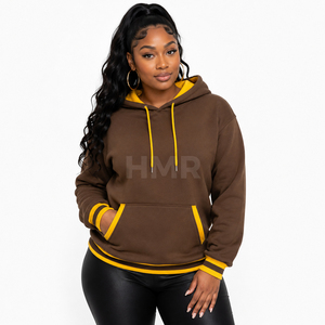 Sweat-shirt à capuche marron HMR Sorority Sisterhood avec bordure jaune, manches longues, poches, style décontracté, pour l'automne - Product Image 1