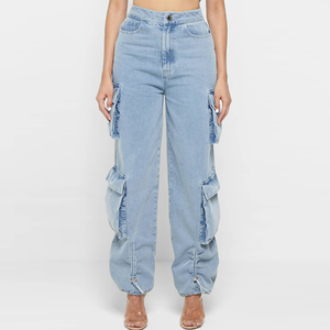 Jeans Cargo de Cintura Alta para Mujer Talla Grande, Azul Oscuro, Corte Holgado, Estilo Casual, 100% Algodón - Product Image 1