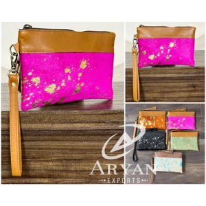 New Arrival 2026 Handmade Pink Genuine Metallic Cowhide Leather Wristlet Wallet Clutch for Women Hair-on Hide Zipper <b>Pouch</b> Bag - Product Image 1