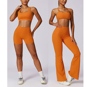 Conjunto de Yoga de 2 Piezas para Mujer, Leggings de Cintura Alta con Corte Acampanado, Sujetador Deportivo Cruzado, Color Sólido, Ropa Deportiva Elástica sin Costuras - Product Image 5