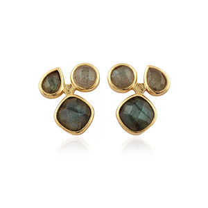 Boucles d'oreilles clous géométriques minimalistes en labradorite naturelle chatoyante, plaqué or 18 carats, bijoux fantaisie en gros pour femmes - Product Image 1