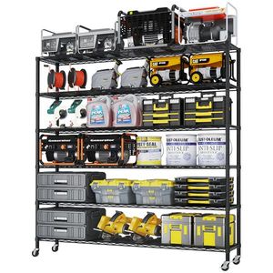 6 Tier Iron Display <b>Stand</b> 150*45*213cm with Adjustable Spacing Feet Wheels for Garage <b>Shelves</b> Easy Disassembly and Assembly - Product Image 1
