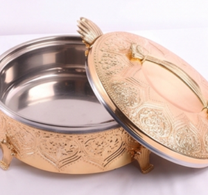 Round Brass Dinner Table Serving <b>Pot</b> with Lid Glossy Gold Engraved Finished Ideal for Food Warmer and Hot <b>Pot</b> Serving Top Prices - Product Image 2