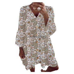 Vestido sexy de primavera/verano 100% algodón con mangas acampanadas y estampado a bloques, hecho a mano, para fiesta. - Product Image 5