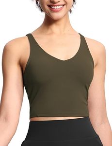 <b>Women</b> V-Neck Crop <b>Top</b> Solid Olive Green Breathable Seamless Tank <b>Top</b> Regular Fit Spandex Polyester Yoga <b>Top</b> - Product Image 1