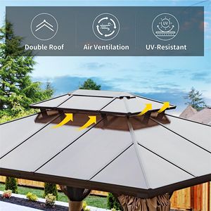 10 'x 12' Brun Aluminium Jardin Patio Terrasse Arrière-Cour Hardtop Gazebo Polycarbonate Double Toit Permanent Extérieur Auvent Pergola - Product Image 4