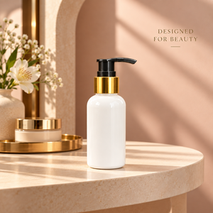 Flacon Boston court en PET blanc de 100 ml avec pompe à lotion dorée, emballage cosmétique pour lotion, crème et soins de beauté - Product Image 2