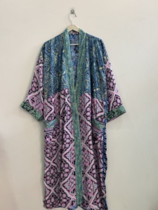 Silk Satin Patchwork <b>Long</b> <b>Kimono</b> Robe Soft and Comfy Summer Spring Dressing Gown with Front Logo - Product Image 4