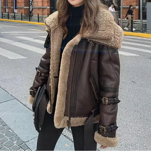 Blouson d'hiver en cuir de mouton teint long pour femme, design fonctionnel en fourrure, doublure en soie automne/hiver, résistant - Product Image 1