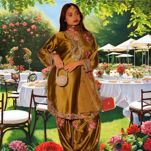Traje Salwar Farshi de Lujo Moderno de Alta Demanda Ramdev Trading, Conjunto de 3 Piezas con Kurti Bordado y Dupatta, Material de Satén Japonés Pesado - Product Image 1
