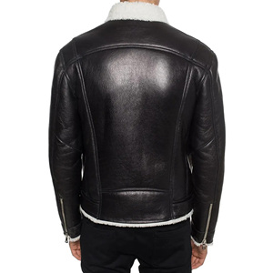 Veste en cuir noir pour homme, col en fourrure blanche, manteau d'hiver en peau de mouton véritable, doublure en polaire chaude, veste de motard - Product Image 4
